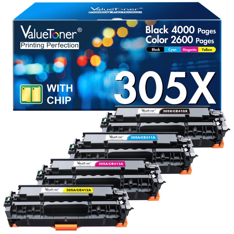 Valuetoner Remanufactured Toner Cartridge Replacement for HP 305A 305X CE410A CE410X CE411A CE412A CE413A for LaserJet Pro 400 M451dn M451nw M475dn M475dw M451dw M375nw (Black, Cyan, Magenta, Yellow) - Image 1